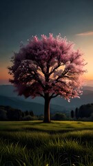 Cherry Blossom Tree in a Field at Sunset