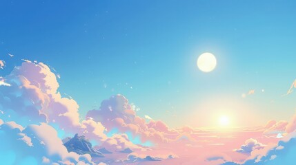 Fototapeta premium A beautiful blue sky with white clouds and a bright shining sun.