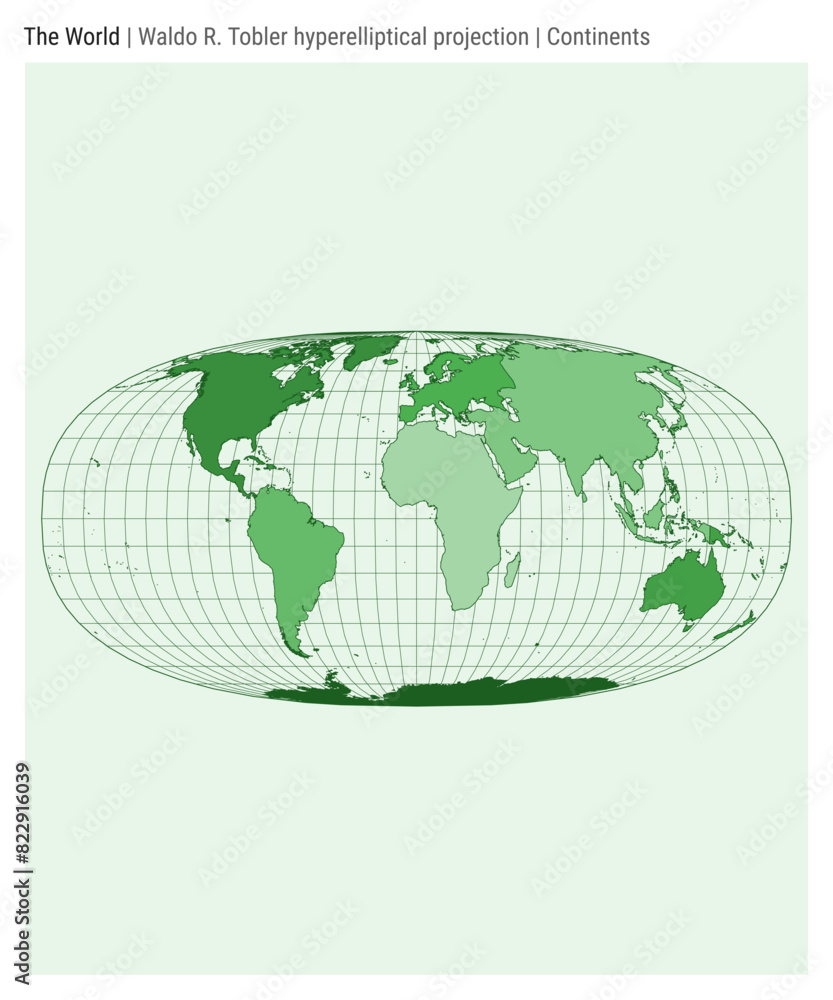 Poster world map. waldo r. tobler hyperelliptical projection. continents style. high detail world map for i