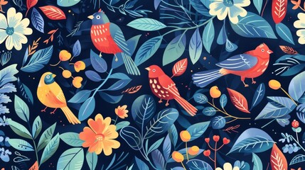 Floral and Leaf Pattern with Birds Seamless. Beautiful background, Abstract pattern background.