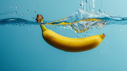 Minimalist background with copy space, featuring a suspended banana about to fall into the water. Ideal for product photography, concept art, and advertising photos.