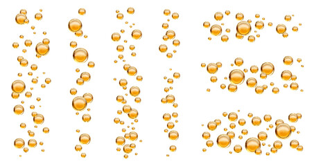 Yellow liquid oil bubbles of collagen and cosmetic serum droplets, realistic vector. Golden oil drop bubbles of collagen or olive and sunflower oil, sweet honey and gold essence floating droplets