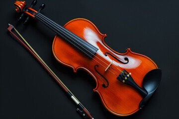 Fototapeta premium Classic Wooden Violin Closeup On Neutral Black Background Created Using Artificial Intelligence