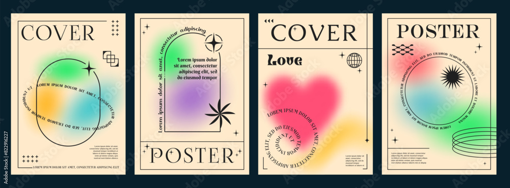 Poster abstract aesthetic y2k gradient posters with vector line frames and blur shapes. modern graphic plan