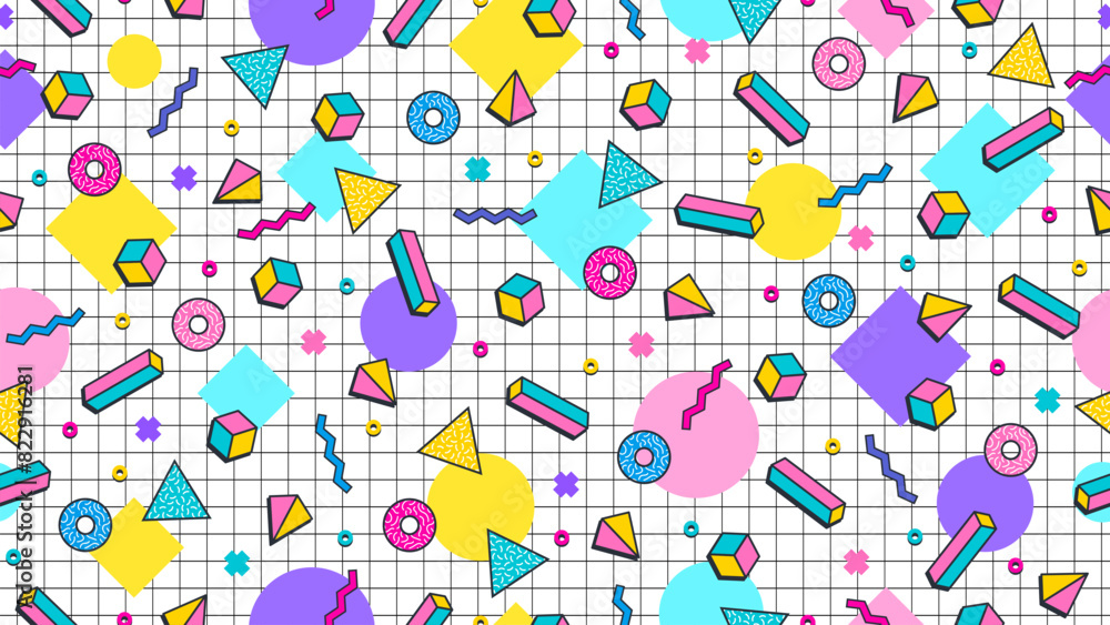 Poster 80s 90s memphis pattern with abstract graphic elements. Vector seamless background of modern line shape grid and trendy simple geometric ornament of color squares, triangles, dots and zig zags shapes
