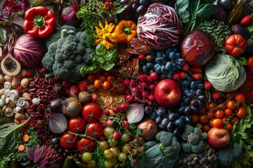 A vibrant assortment of fresh fruits and vegetables, showcasing natural colors and textures, perfect for promoting healthy eating and organic produce.