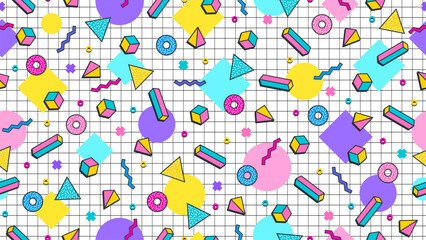 80s 90s memphis pattern with abstract graphic elements. Vector seamless background of modern line shape grid and trendy simple geometric ornament of color squares, triangles, dots and zig zags shapes