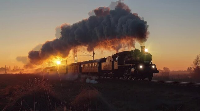 Vintage steam locomotive with smoke billowing across a tranquil evening landscape
Seamless looping 4k time-lapse virtual video animation background. Generated AI