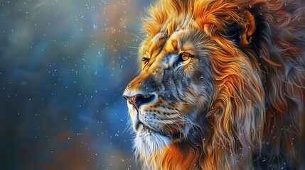 Capture the majestic grace of a lion in a realistic oil painting at eye-level angle, showcasing its powerful gaze and intricate mane with vibrant colors and intricate brush strokes