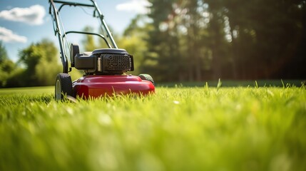 close up of lawnmower mowing grass lawn with copy space