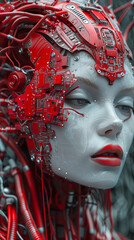 Woman with electronic red microchips and wires on her head, symbolizing the fusion of cyber technology and future robotics.