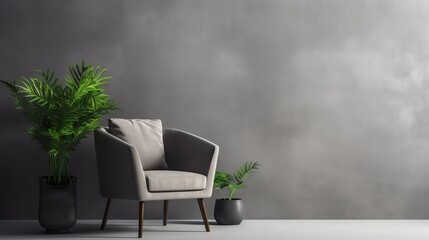 modern minimalistic living room interior dark empty mockup grey concrete wall and chair with plant in vase lamp mock up background