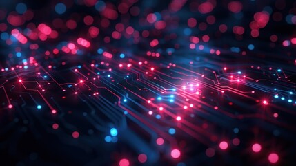 An abstract background with interconnected digital nodes and circuit patterns.