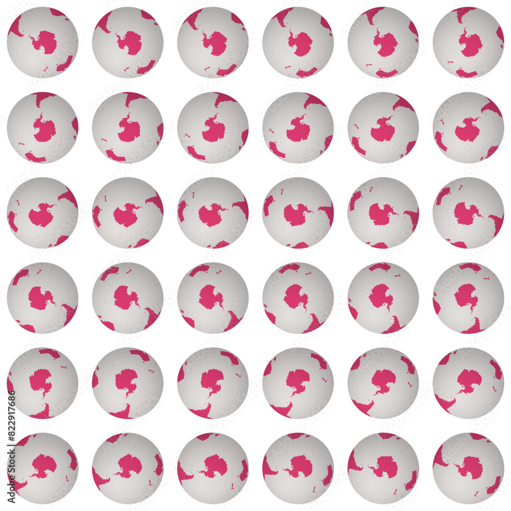 Poster collection of earth globes. south pole sphere view. rotation step 10 degrees. solid color style. wor