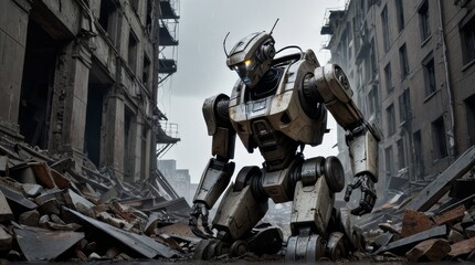 Renaissance Resurgence: Cybernetic Robot Amidst Collapsed Ruins