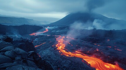 Majestic Lava Flows at Twilight, burning lava in the mountains. Generative AI