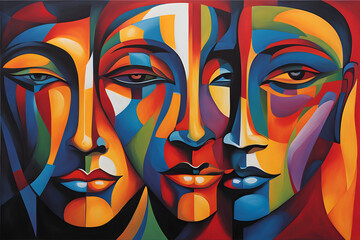 Abstract Painting of 3 faces woman with beautiful color harmony. Impressionist painting style. Abstract cubist style painting. International Women's Day