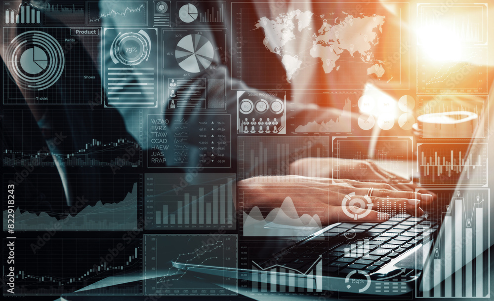 Poster big data technology for business finance analytic concept. modern interface shows massive informatio