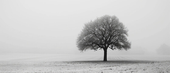 A lonely tree stands stark against a foggy winter landscape