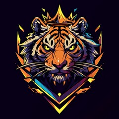 Tiger character mascot illustration wearing crown, vector logo style, e-sport gamer t-shirt design on isolated background