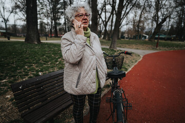 Fototapeta premium Mature female retiree enjoying a leisurely day, making a phone call while with her bicycle at a park.