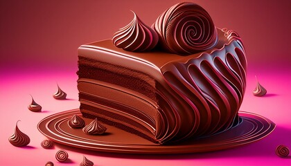 chocolate cake on pink background.  A decadent slice of chocolate cake with layers of moist cake and creamy frosting, topped 