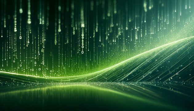 A continuous stream of green binary code (0s and 1s) cascading down a smooth, dark background 