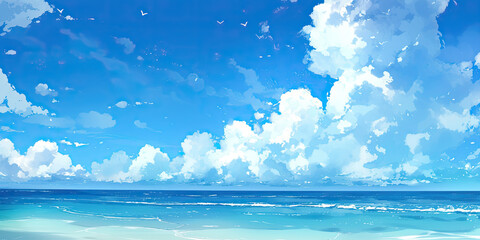 Fototapeta premium Cartoon anime style ocean sea graphic resource illustration calm waters blue skies background, generated ai