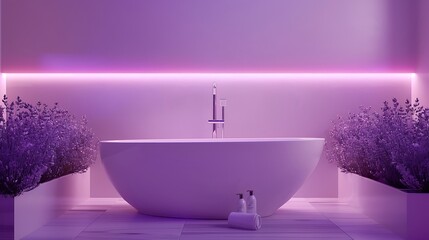 Soft lavender bathroom with sleek white bathtub, silver faucet, and ambient lighting for a relaxing...