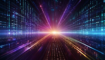  An energetic backdrop of multicolored binary code over a dark purple background