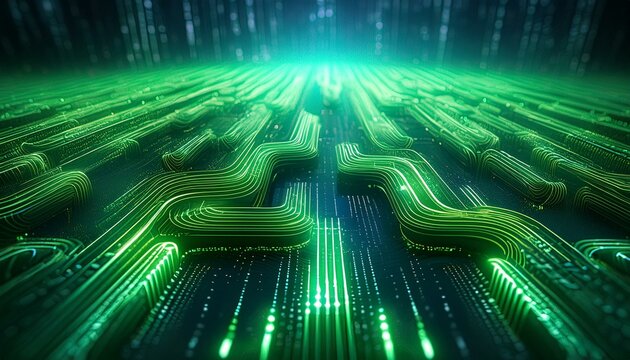Green binary digits intricately arranged to mimic the layout of a circuit board on a dark