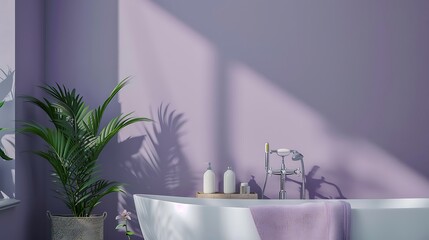 Soft Lavender Bathroom with soothing lavender walls, white fixtures, and silver accents, creating a...