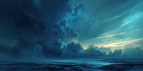 Storm clouds, cloudy moody anime style storms background, cartoon graphics bad weather illustration, generated ai