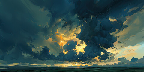 Storm clouds, cloudy moody anime style storms background, cartoon graphics bad weather illustration, generated ai