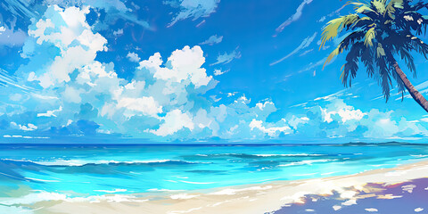 Fototapeta premium Beach paradise tropical sands and sea background banner anime cartoon style, generated ai
