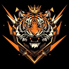 Tiger character mascot illustration wearing crown, vector logo style, e-sport gamer t-shirt design on isolated background