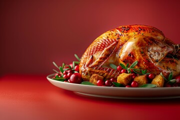 Festive roasted turkey on red background
