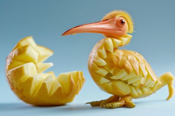 Whimsical bird hatching from golden kiwi fruit