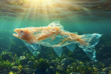 fish made of plastic bag in beautiful river