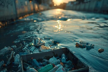 Sunset pollution: waterway littered with plastic waste