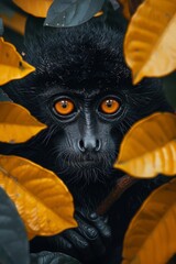Black monkey with piercing orange eyes amidst yellow leaves