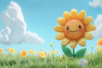 Cheerful sunflower character in sunny meadow