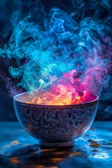 Mystical glowing smoke bowl on dark background
