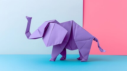 A purple elephant origami on blue and pink background