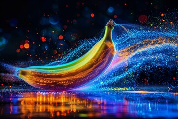 Magical glowing banana on neon background