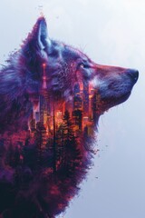 Urban wilderness: wolf and cityscape fusion