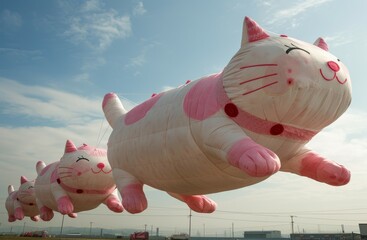 Giant cat-shaped balloons floating in the sky