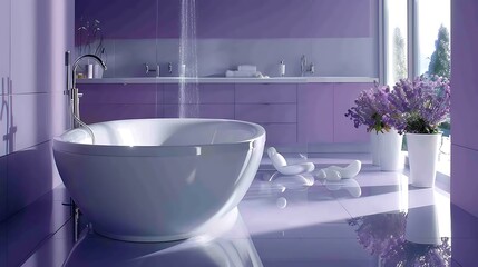 Spa-inspired bathroom with lavender walls, pristine white bathtubs, and sleek silver faucets,...