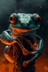 Enigmatic tree frog in mysterious fiery ambiance