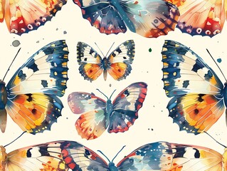 A seamless pattern of watercolor butterflies in muted colors on a cream background. The butterflies are arranged in a repeating pattern.
